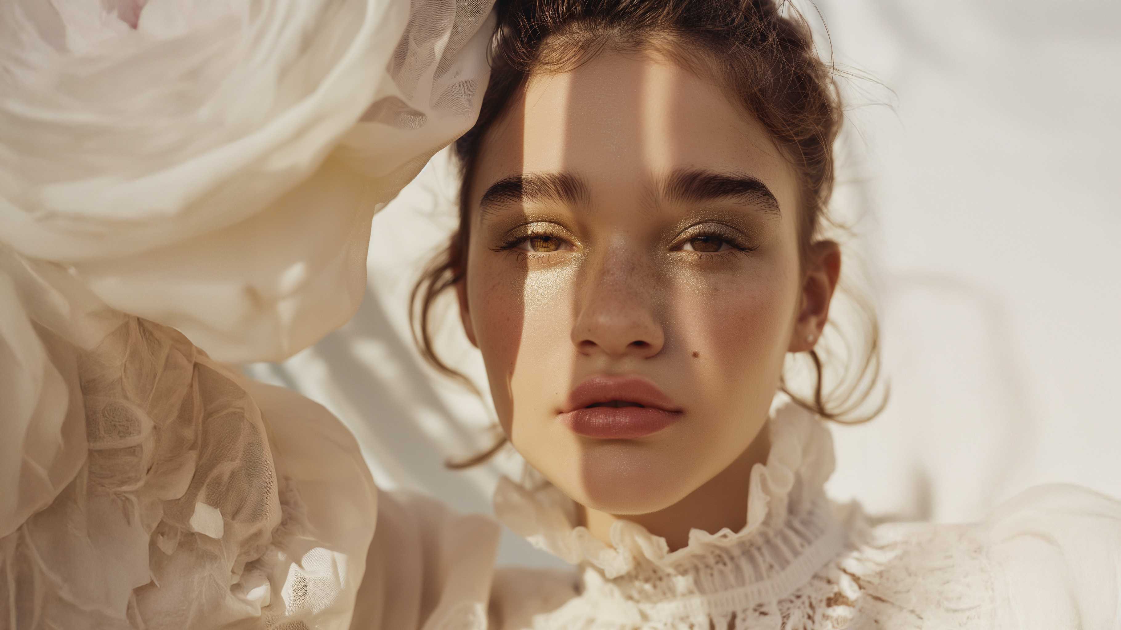 Close portrait in ivory light, lashes and brows bare